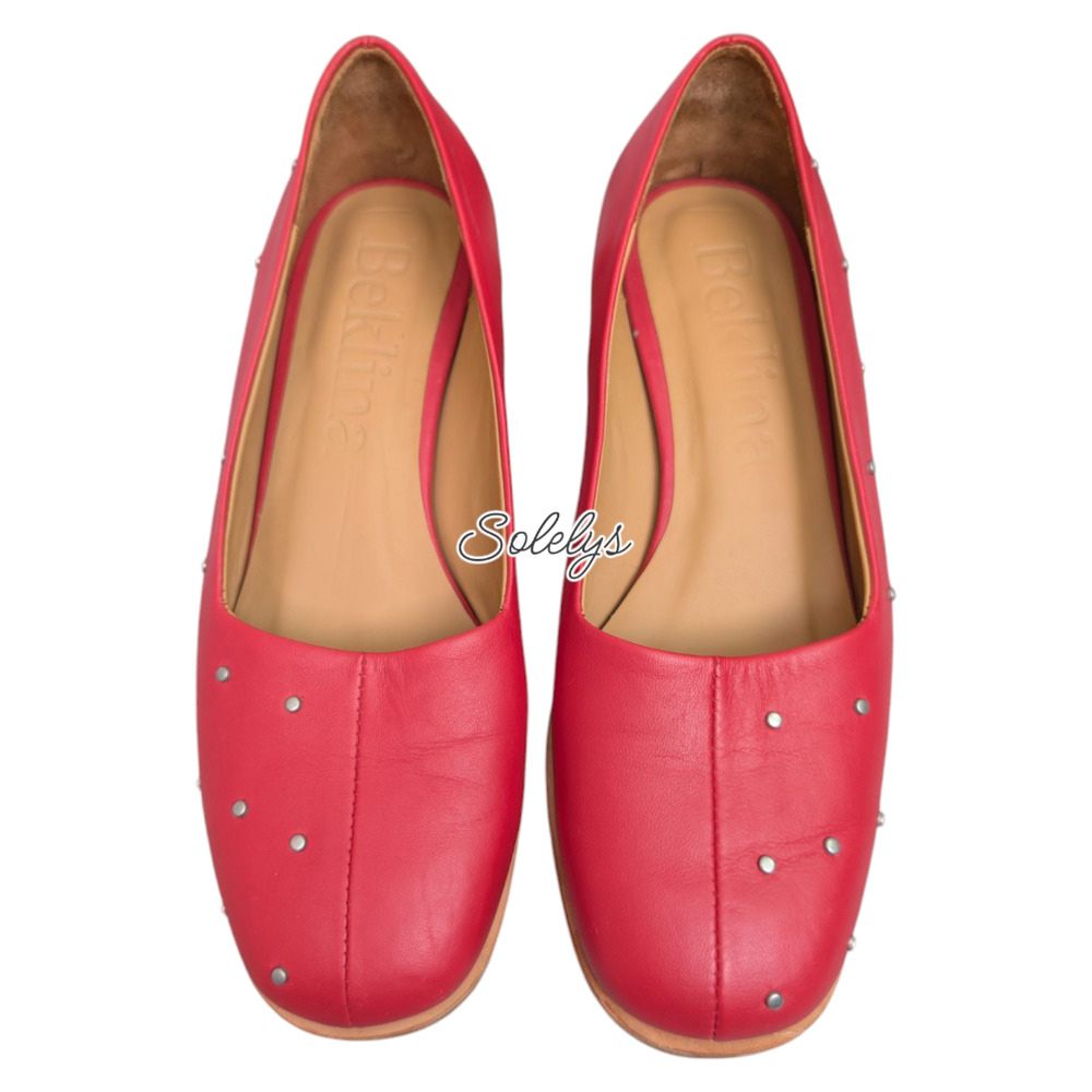 Beklina Pinto Studded Low Wood Heel Leather Comfort Pump Geranium Red Womens 6